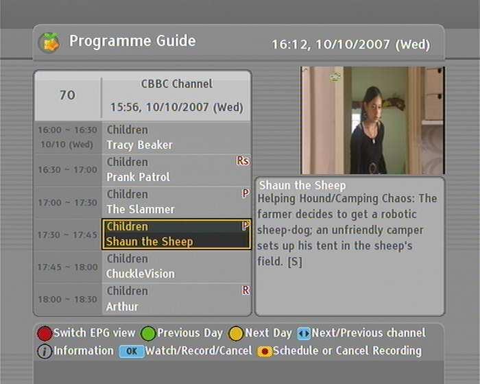 3.3 Scheduled recordings 31 schedule from both the single channel and the multi-channel views, so browse around the EPG until you see a programme that you want to record, and move to it with the
