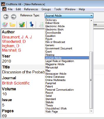 5 Manually Creating your EndNote Library continued... Entering References 1. Click on References, New Reference. he new reference window will appear. 2.