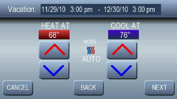 PROGRAMMING THE THERMOSTAT 10. The currently selected vacation mode will be displayed in the center of the screen. See Fig. 36. 11.