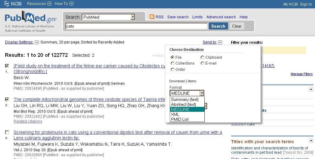 PubMed Step 1 Search for references in PubMed Select relevant references Click on Send to (just above the result list) Select File Change Format to MEDLINE Click on Create File and save references in.