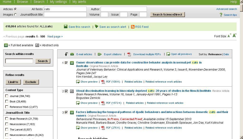 ScienceDirect Search for references in ScienceDirect Select relevant references Click on Export Citations, select RIS Format (for EndNote) Click