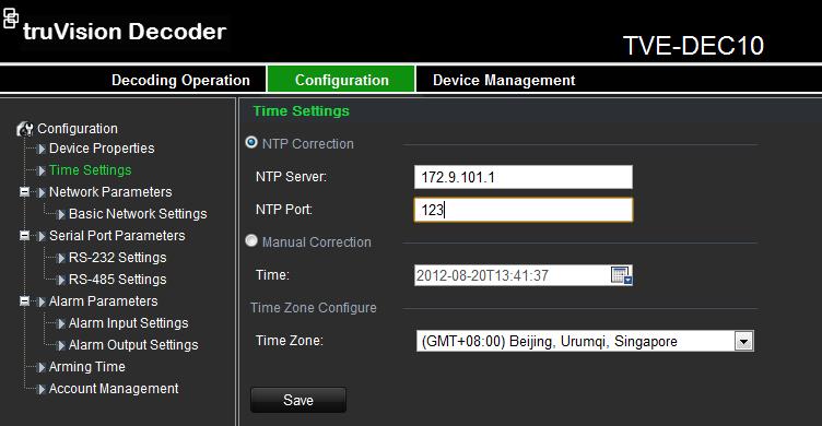 2. Check NTP Correction and enter the IP address of the NTP server and the NTP port value.