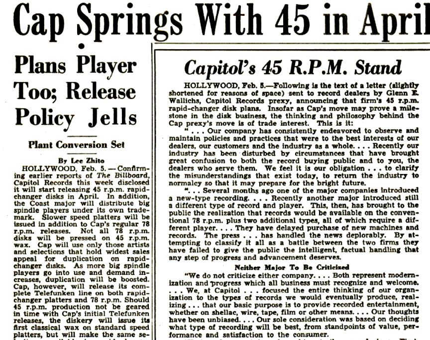 Billboard articles, February 12, 1949 Singles Label 42 This was Capitol's