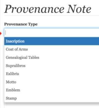 In Provenance Note: 1) Provenance type is essential: select one or more.