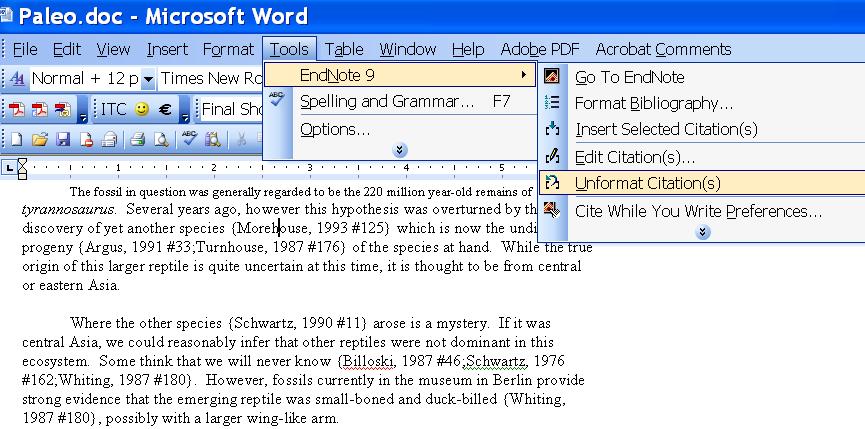 8. Inserting citations into documents (WORD and LaTeX) WORD 8.1 Cite while you write(cwyw) and instant formatting Open a WORD document; use the example paleo.