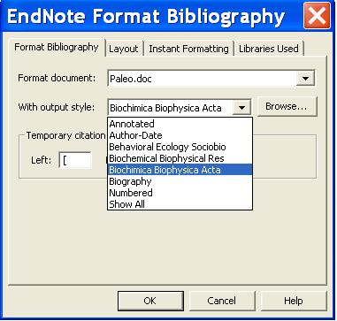 Click on Browse in the previous screen. You will then see an alphabetic list of all the styles available in Endnote. Click on one of the styles and this style will appear in the drop down menu.