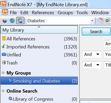 Groups References included in an EndNote Library can be placed into Groups for organization. To create a group, choose Groups, Create Group. Name your group.