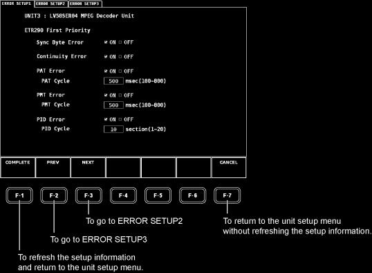 6. LV 58SER04 SYSTEM SETUP 6.2 Error Detection Setup 1 From the LV 58SER04 unit setup menu, press F 5 ERROR SETUP to display a tab menu for setting up the error detection feature.