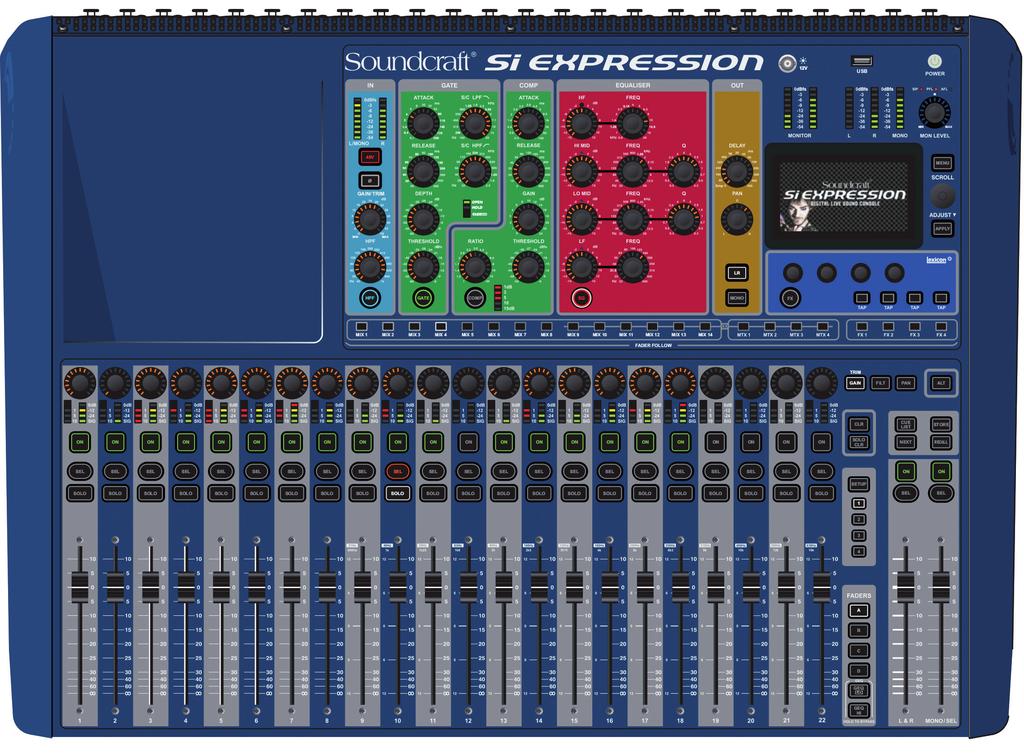 Si EXPRESSION CONTROL SURFACE AND CONNECTOR OVERVIEW Si EXPRESSION Front Panel Si EXPRESSION 2 shown: Assignable Channel Strip (ACS) Meters, Monitors USB & Power Colour LCD Touch Screen