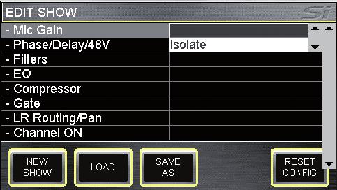 EDIT SHOW Global Recall Isolate: Prevents the automation recalling isolated parameters (or groups of parameters) when a cue is replayed; scroll to the desired list item, press the encoder and select