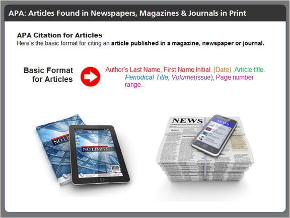 2.3.6 APA: Articles Found in Newspapers, Magazines & Journals in Print Now you know how to make a citation for a printed book.