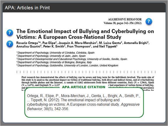2.3.7 APA: Articles in Print Here's the first page of an article about bullying, and the APA citation for it. Most of the information for the citation can be found right here on this page.