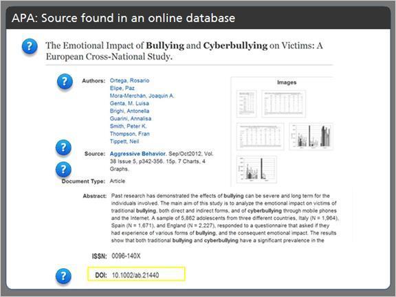 2.3.8 APA: Source found in an online database When we find an article in an online database, we're able to locate almost all of the citation information in the database record for that article.