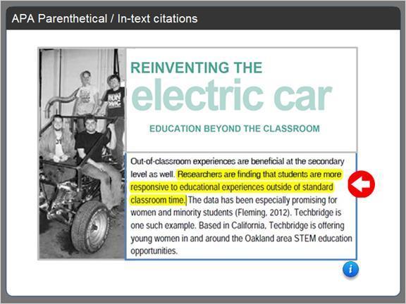 2.4.3 APA Parenthetical / In-text citations For some examples of in-text citations, let's use an article called Reinventing the Electric Car. The author is Mark Mahoney.