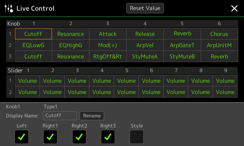 Editing the Assign Types of the Live Control Knobs and Sliders (Live Control) The setups of functions for Live Control knobs or sliders (called Assign Types ) can be changed as desired from a variety