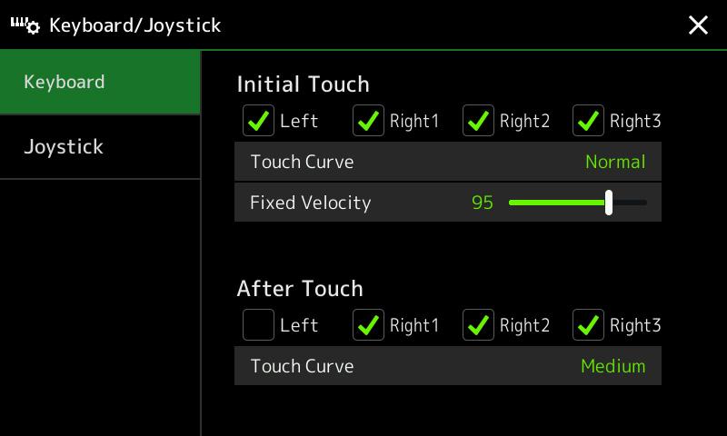 Keyboard/Joystick-related Settings Setting the Touch Response of the Keyboard Touch Response determines how the sound responds to your playing strength.
