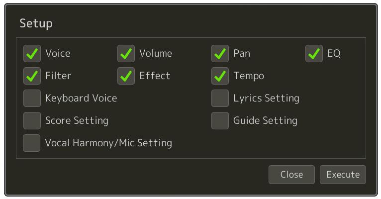 Recording Panel Setups to a Song The current settings of the Mixer display and other panel settings can be recorded to the top position of the Song as the Setup data.