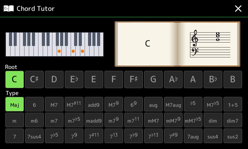 Using the Chord Tutor Function The Chord Tutor function lets you can see which notes to press for specifying the chord. If you know a chord name but don t know how to play it, use this function.