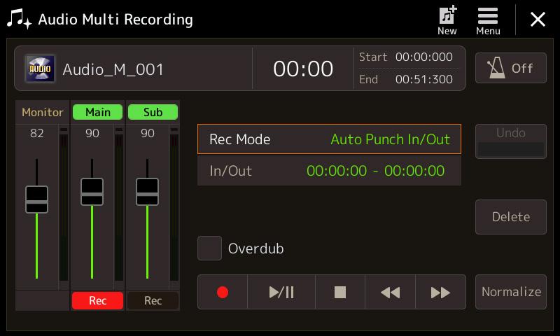 Specifying the Recording Range in Auto Punch In/Out Mode If you select Auto Punch In/Out as the Rec Mode, specify the recording range and practice the recording by using the Rehearsal function.