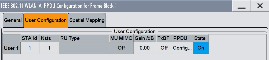 Generating an 802.11ax Signal 4.2.3.2 PPDU User Configuration tab In the User Configuration tab, the user can set specific parameters for the HE user(s).