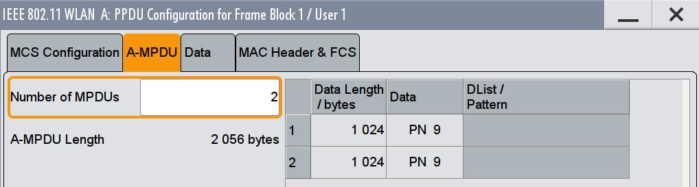 Generating an 802.11ax Signal The user can set the size of the data field ( Data Length parameter) and the data source, e.g. PN 9, for each MPDU.
