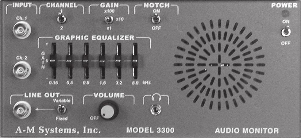 General Description Instrument Features The Model 3300 Audio Monitor is a high quality audio amplifier designed to transform electrophysiological signals into sounds.