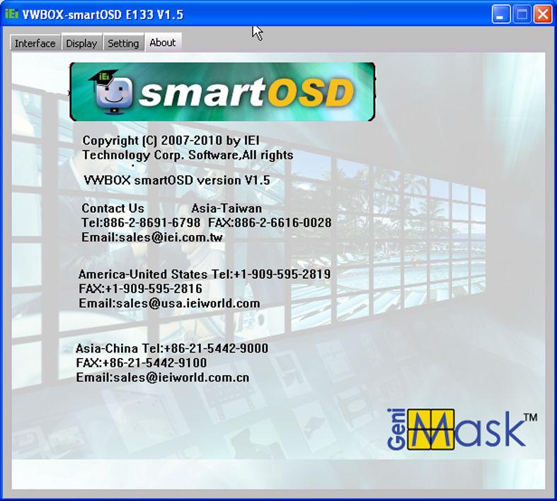 4.2.2.4 About Page The About Page displays contact information. Figure 4-4: SmartOSD About Page 4.2.3 Install Software To install the software, please follow the steps below: Step 1: Follow the instructions from the interactive installer to install the SmartOSD on the system.