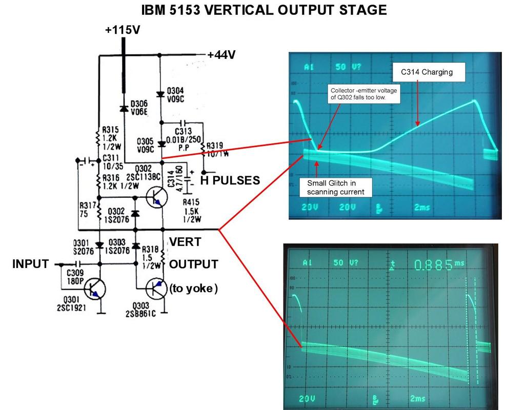 or designed it this way. The partial vertical output stage circuit is shown below. How it works: The missing (from IBM s circuit diagram) emitter arrows are drawn in blue.