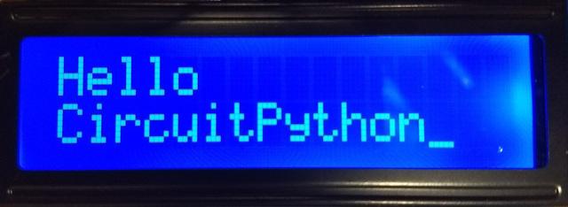 Now you can print a message using the message function, for example to print on two lines (notice the \n line break added to the string in the middle): lcd.message('hello\ncircuitpython!
