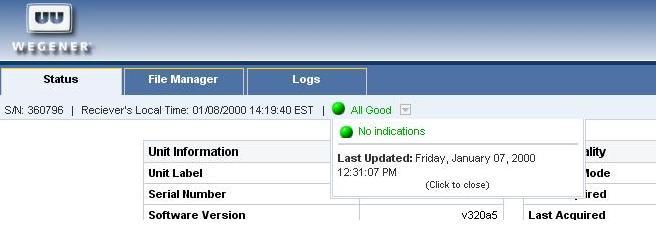 Status view The status view displays the current status of the unit, including the serial number, software versions installed, decoder status,