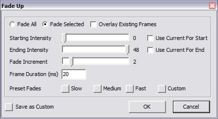 Fade Up/Down Controls Fade All / Fade Selected Select which buttons to fade, All or currently Selected. If you wish to fade selected buttons, they must be selected prior to displaying the Fade dialog.