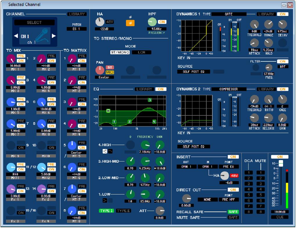 Selected Channel window Here you can set the parameters of the currently selected input channel (INPUT CH 1 48(*), ST IN channels 1 4) or output channel (MIX channels 1 16, MATRIX channels 1 8,