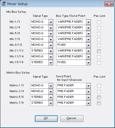Mixer Setup To open the Mixer Setup dialogbox, choose [Mixer Setup] from the [File] menu. 1 2 A Mix Bus Setup Here you can make settings relating to the MIX buses.