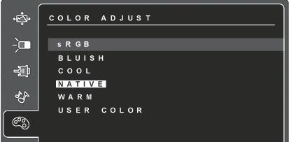 Video Settings Color Adjust Menu The Color Adjust menu provides several color adjustment modes, including preset color temperatures and a User Color mode which allows independent adjustment of red
