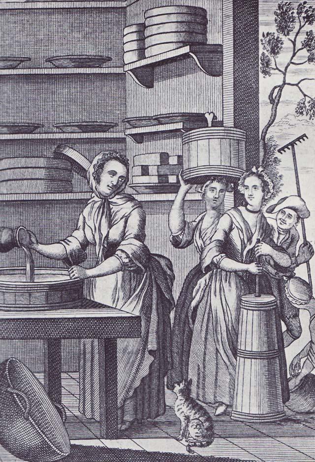 Figure 52. Print of dairy maids working in the dairy with a rake outside the door.