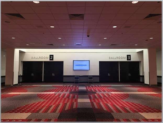 The Four Seasons Ballroom has a 75 display between Ballroom 2 and Ballroom 3 that can be utilized. A JPG or PNG image (1280 x 720) can be displayed on this monitor on a day to day basis.