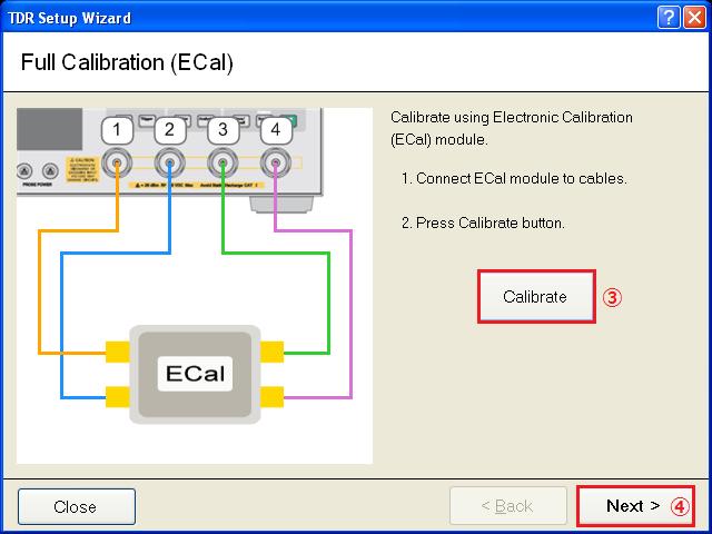 5.4. Calibration and Adjustment 5.4.1. Time Domain Calibration 1. Connect the cables and ECal module to the E5071C. 2. Press Channel Next key to select Channel1. 3. Open Setup tab (item1). 4.