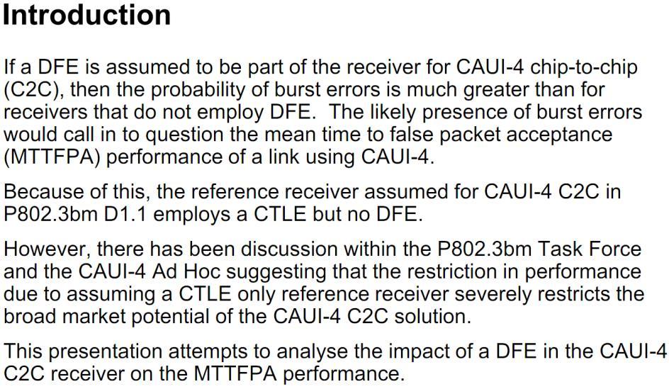 DFE in Electrical Link For CDAUI-16 specification in 802.3bs, reference to Chip-Chip interface of CAUI-4 in 802.