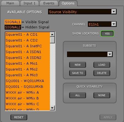 Press the Options Tab on the VGA screen and choose Source Visibility from the AVAILABLE OPTIONS scroll down list to display the Source Visibilities form.