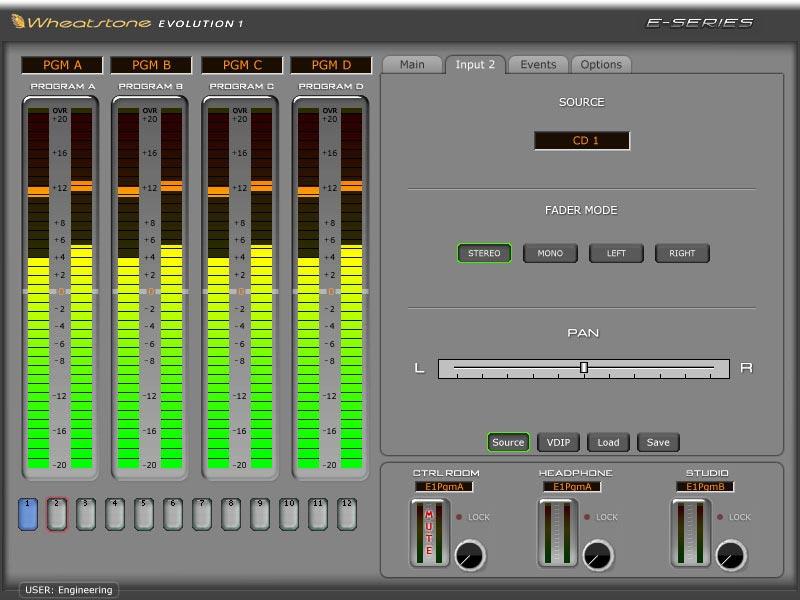 Pressing fader s A/B switch automatically opens the Input Tab Click here to change the source Meter labels click to rename A typical Input Tab Functions display: Source and Fader Mode Drag PAN slider