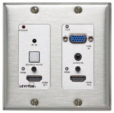 The flush-mounted Decora wallplate form factor provides a compact interface for one VGA and two HDMI audio inputs, while making it easy to match the room design.