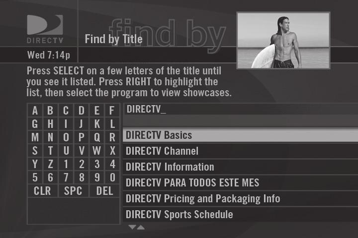 Press GUIDE to return to the regular Guide, or EXIT to return to live TV. Pay Per View This option enables you to check out DIRECTV Pay Per View listings by category.