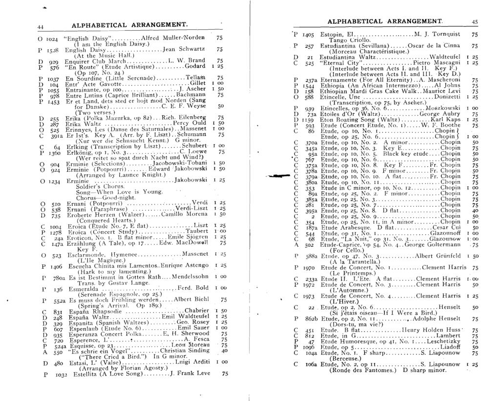 ... 44 ALHABETIAL ARRANGEMENT. o 1024 "English aisy" Alfred Muller-Norden (I am the English aisy.) 1528 English aisy ] can Schwartz (At the Music Hall.) 929 Enquirer lub March L. VV.