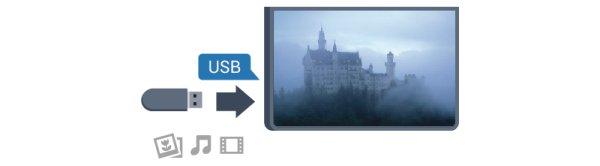 You can view photos or play your music and videos from a connected USB flash drive. Insert a USB flash drive in one of the USB connections on the TV while the TV is switched on. 2.