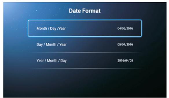 Date Format (Format datuma) Postavljanje prikaza formata datuma.