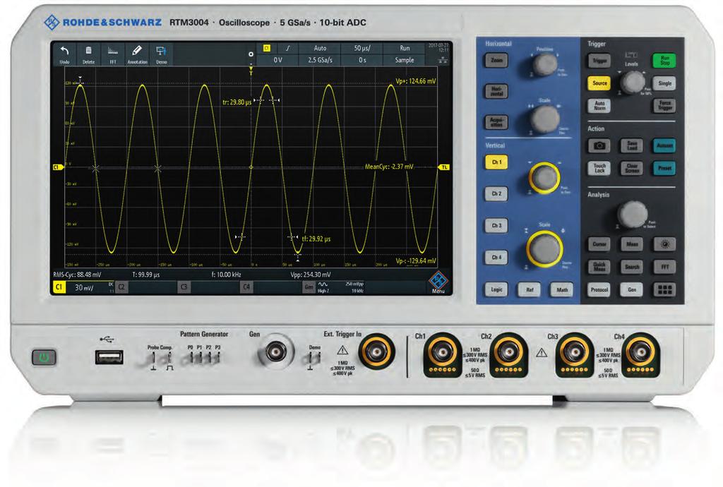 R&S RTM3000 Oscilloscope At a glance Designed as an everyday problem solving tool, the R&S RTM3000 combines the power of ten (10-bit ADC, 10 times the memory and 10.