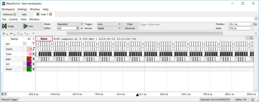 8.6.2 Using the Logic Analyzer Once the analyzer is setup, simply press Run, and it will start recording.