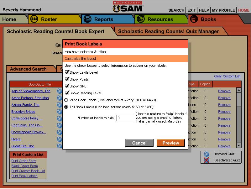 Printing Book Labels Book labels identify books for classroom use or help organize the school s library by any of the categories provided in Book Expert s Advanced Search.
