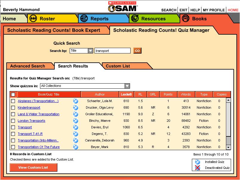 Using Quick Search to Find Quizzes From the SRC! Quiz Manager main display, use keywords in the Quick Search to look for quizzes related to curriculum needs.