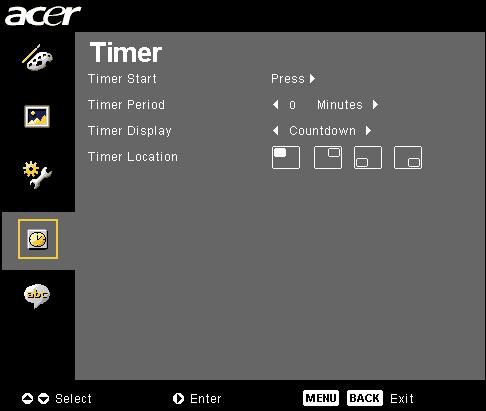 User Controls Timer (Computer / Video Mode) Timer Start Press the to start/stop timer. Timer Period Press the to adjust timer period.